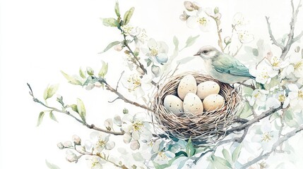 Poster -   A watercolor painting of a bird sitting on a nest with four eggs in a tree branch with white flowers