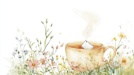 Sticker -   A watercolor portraits a steaming teacup in a flower field