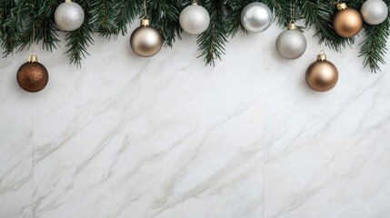 Canvas Print - A stunning garland adorned with bronze and silver Christmas ornaments gracefully decorates a staircase, complemented by sleek white tiles in a cozy home setting