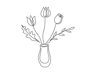 Minimalist Floral Illustration with Tulip and Rose in Vase. Bouquet of flowers isolated on white background. Continuous one line drawing. Hand drawn Botanical Line Art. Home Decor Element