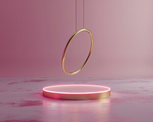 Canvas Print - A pink and gold podium with a hanging gold ring. AI.