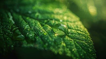 Poster - A water droplet sits on a green leaf. AI.