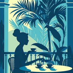 Sticker - A woman enjoys a relaxing cup of coffee surrounded by tropical foliage. AI.