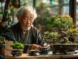 © sergio - An elderly man carefully tending to a bonsai tree. AI.