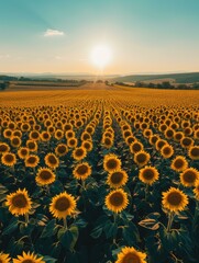 Sticker - A field of sunflowers bathed in the golden light of sunset. AI.