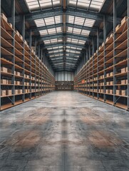 Wall Mural - An empty warehouse with shelves and a concrete floor. AI.