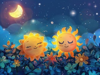 Canvas Print - Two suns smiling at each other in the night sky. AI.