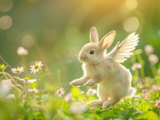 Wall Mural - A cute bunny with wings leaps through a field of flowers. AI.