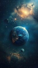 Wall Mural - a blue planet with a shining sun above it and a galaxy in the background. ai.