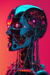 Canvas Print - A robotic head with glowing red eyes. AI.