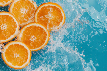 Fresh Orange Slices with Water Splash on Blue Background