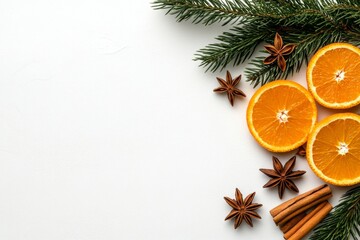 festive holiday composition: orange slices, star anise, cinnamon, and fir branches on white backgrou