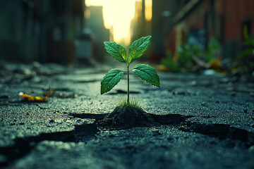 A plant sprouting from a crack in the pavement, symbolizing growth from adversity. Concept of perseverance.