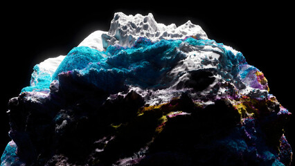 Wall Mural - 3d render of abstract art with surreal mineral geology stone object ocean coral reef or asteroid in organic forms in deformation process in the dark in blue purple and white mix color