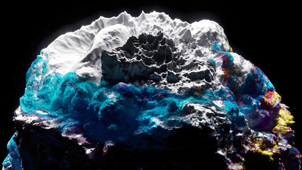 Wall Mural - 3d render of abstract art with surreal mineral geology stone object ocean coral reef or asteroid in organic forms in deformation process in the dark in blue purple and white mix color