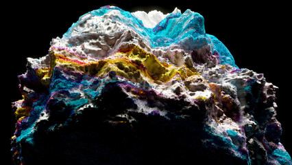 Wall Mural - 3d render of abstract art with surreal mineral geology stone object ocean coral reef or asteroid in organic forms in deformation process in the dark in blue purple and white mix color 