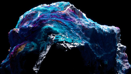 Wall Mural - 3d render of abstract art with surreal mineral geology stone object ocean coral reef or asteroid in organic forms in deformation process in the dark in blue purple and white mix color