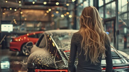 A showroom employee using a cloth to detail a car's surface, emphasizing the vehicle's pristine appearance.