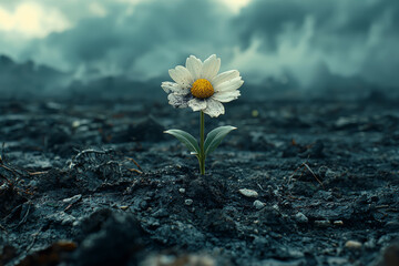 Wall Mural - A flower blooming in a wasteland, symbolizing hope and life emerging from destruction. Concept of rebirth.