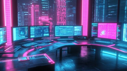 Aufkleber - Futuristic Hacker Workstation with Neon Lights and City View