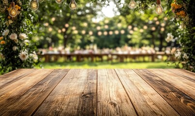 Empty wooden table with party in garden background blurred. and beautiful natural scenery view