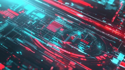 Poster - Futuristic Digital Interface with Red and Blue Glowing Lines