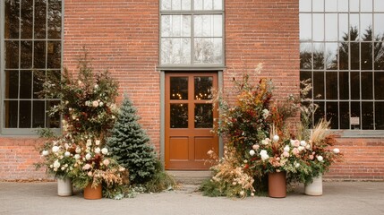 The cozy rustic front door is beautifully enhanced with seasonal floral arrangements, a miniature Christmas tree, and lush greenery in stylish large planters