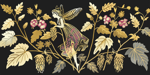 A whimsical fairy-themed illustration featuring golden floral elements and elegant fairies in natural dresses, set against a dark background, creating an enchanting and magical atmosphere.