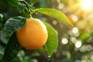 Ripe and vibrant orange hanging from a tree branch