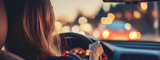 Rear view of female driver behind the wheel in city with blurred city background. Driver concept.