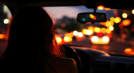 Rear view of female driver behind the wheel in city with blurred city background. Driver concept.