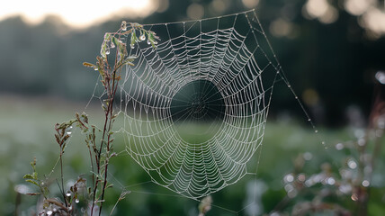 Delicate spider web glistening in the soft morning light, showcasing intricate patterns and dew drops.