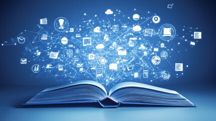 Poster - Open Book with Glowing Digital Icons and Network Connections