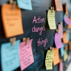 Action changes things written on a chalkboard. acronyms are written on colored paper notes.