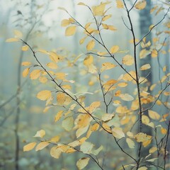 Having transformed from green to vibrant autumn colors, a deciduous branch can be seen close-up