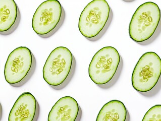 In this close-up, cucumber slices are arranged in a circular pattern to show their smooth skin and juicy interior