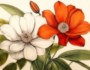 A vintage botanical illustration  illustration of two flowers one white and one orange with intricate detail.