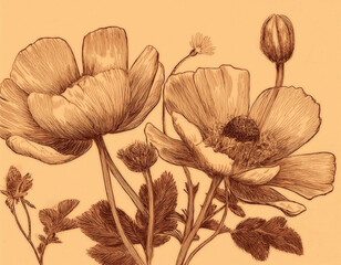 Two brown flowers in multiple forms on a beige background. The flowers look hand-drawn and have an antique art style.