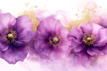 The purple watercolor flowers have gold glowing and glittering line art illustration on white