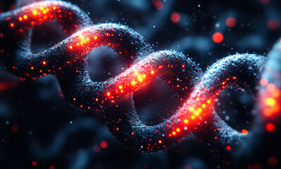 Wall Mural - A close up of a DNA strand with red glowing spots. The strand is twisted and he is a spiral