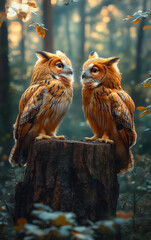 Two owls are sitting on a log in a forest. The owls are looking at each other