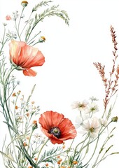 Wall Mural - Wildflower frame, herb border, leaf border, all hand-painted in watercolors. Stock clipart.