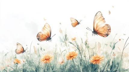 Wall Mural - Featuring a field of flowers and butterflies flying over them on a white and blue background.