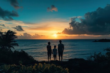 silhouette of a family standing on a beach at sunset in hawaii, looking out to sea generative ai