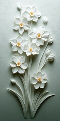 Bas-relief of surreal white flowers and green leaves on an almost-white background