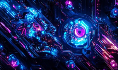 Cyberpunk reverie: Sci-fi inspired abstract with blue and purple neon light shapes on a black background