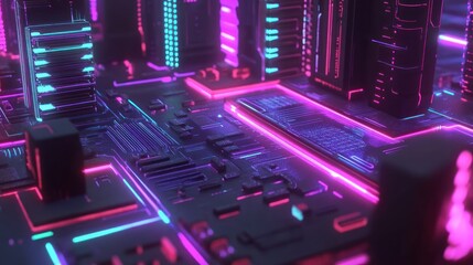 Poster - Futuristic Cityscape with Neon Lights and Circuitry