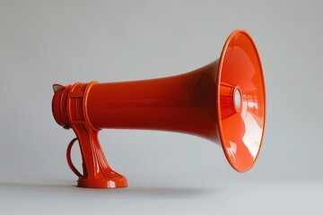 Orange megaphone standing on a grey background with copy space is broadcasting information