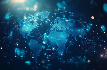 Wall Mural - an abstract illustration depicts a world map with glowing lines connecting points on a blue backgrou
