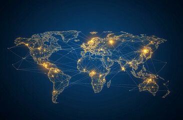 Wall Mural - a stylized world map with glowing connections between continents represents global network connectiv